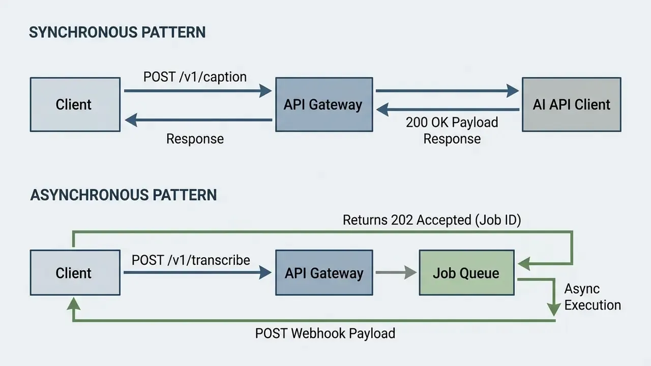 Two flow diagrams illustrating the request and response cycles for synchronous and asynchronous API calls