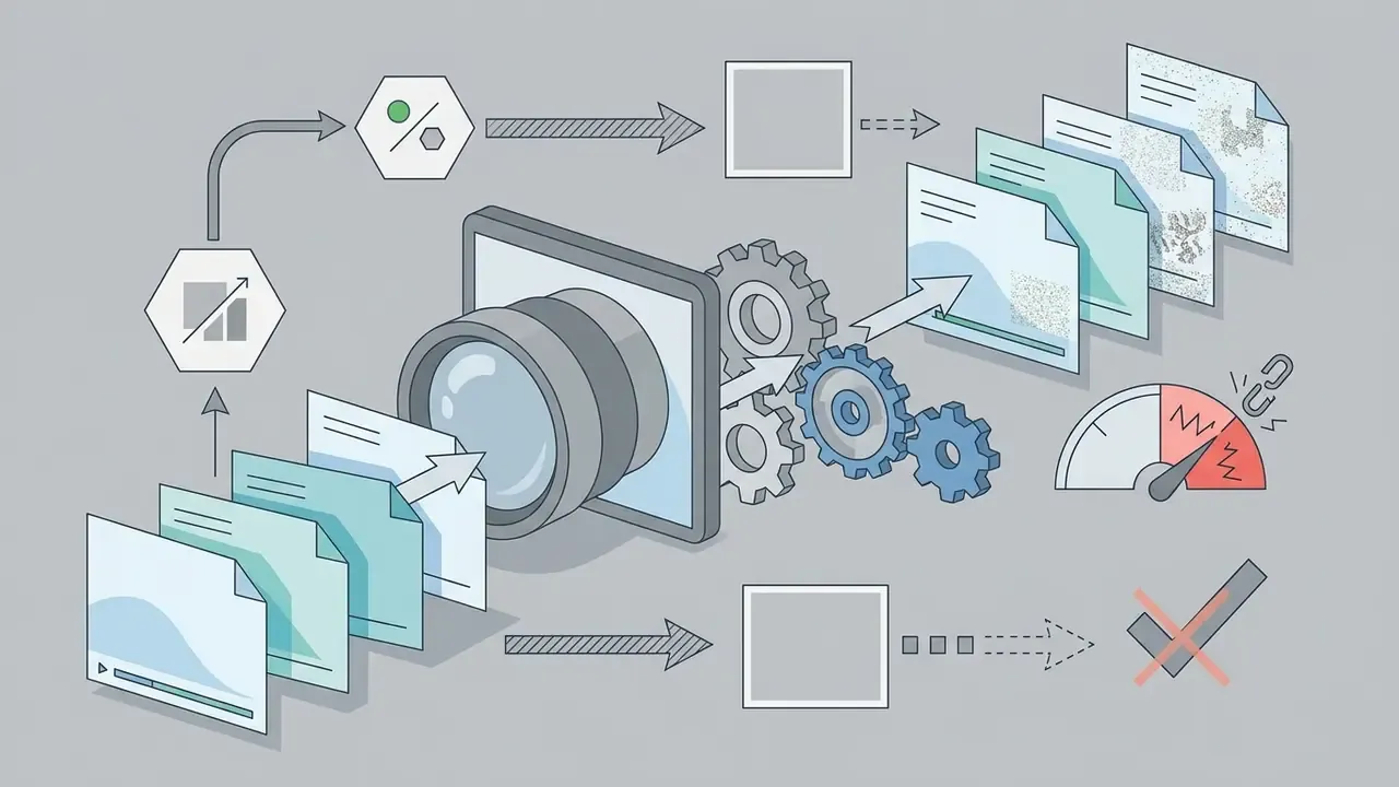 Camera lens processing video frames into textured patterns with gears and a risk gauge