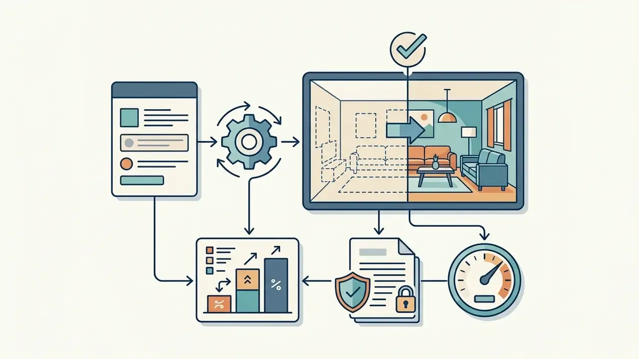 Document inputs feeding into a gear processor that transforms room sketches into rendered interior designs
