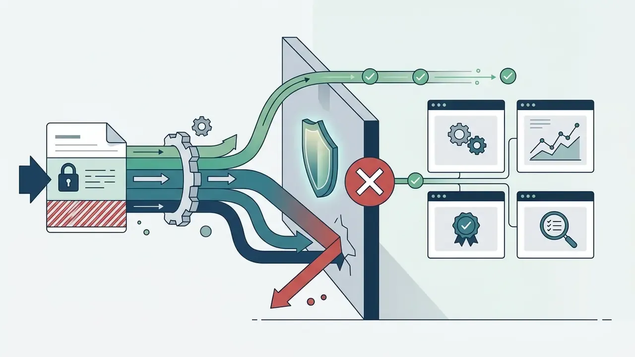 Data streams passing through a security barrier with some blocked and others reaching software interfaces
