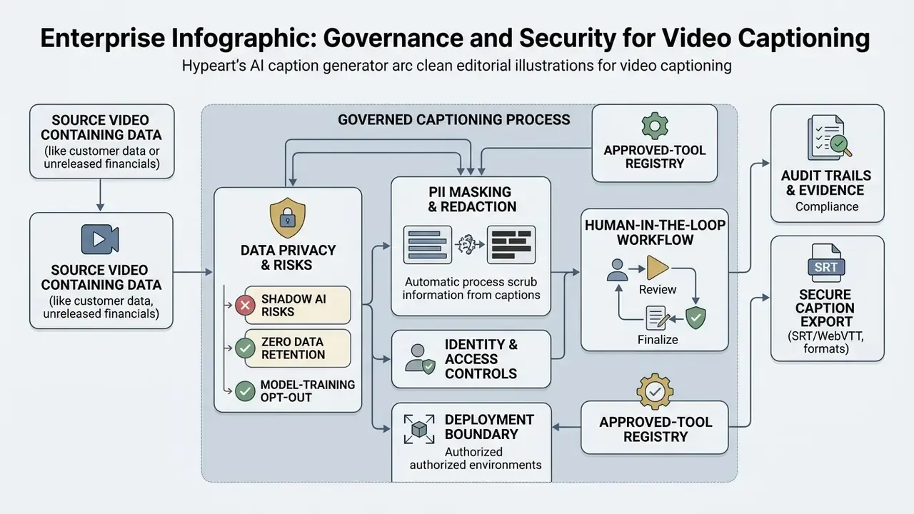 Flowchart outlining data privacy, PII redaction, and human review steps in a video caption generator workflow