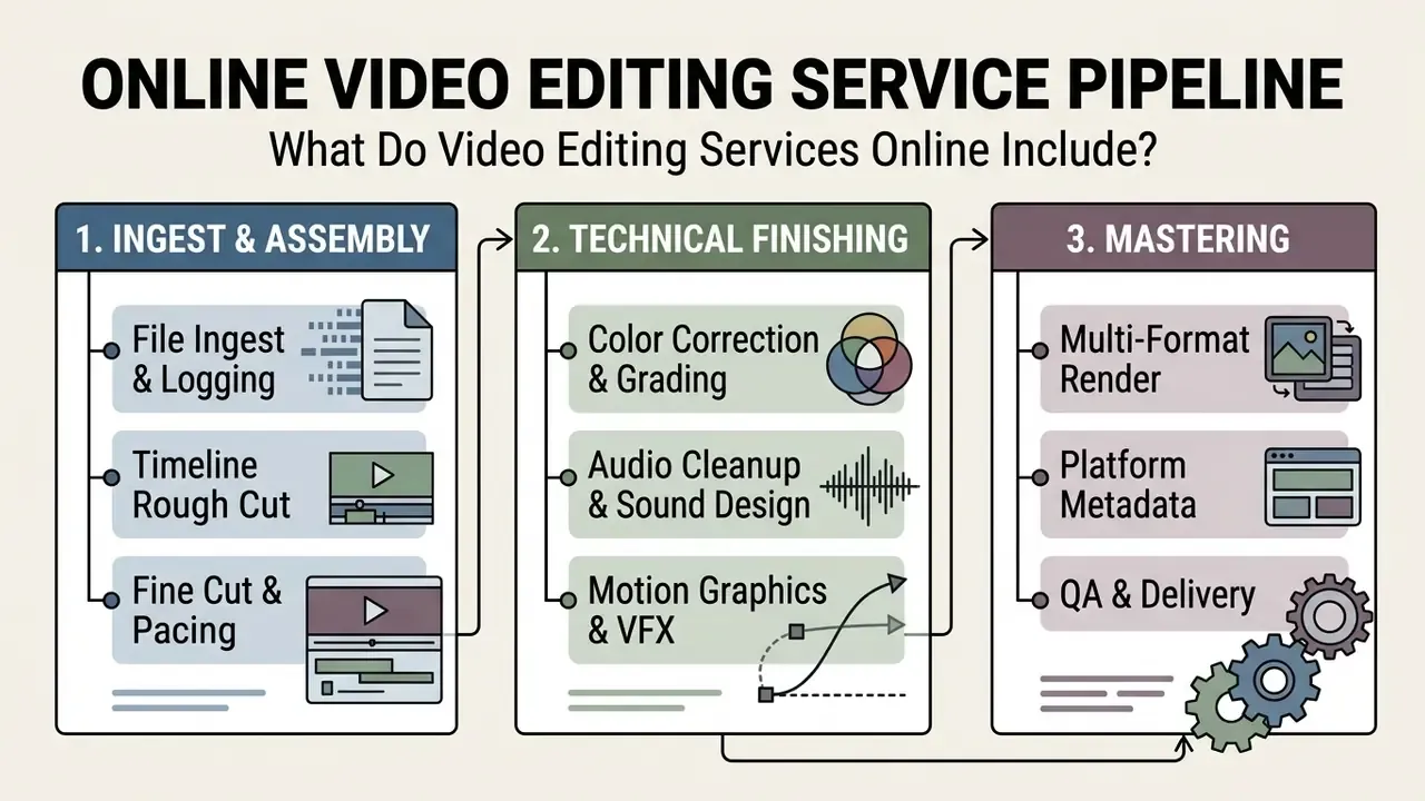 Three-step diagram showing the professional workflow for video editing services online