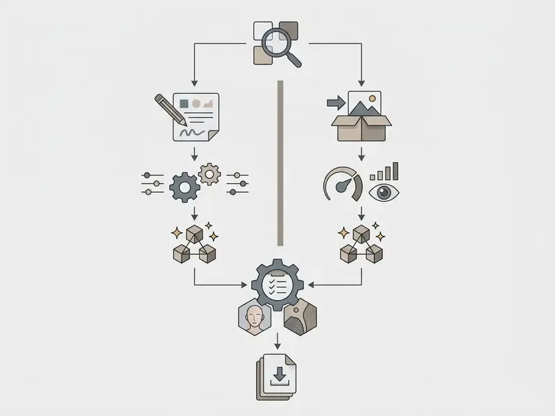Decision tree diagram showing separate paths for text prompts and photo uploads to create art
