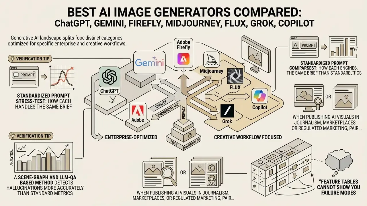 Diagram mapping AI image generators to enterprise and creative workflows with prompt testing methods