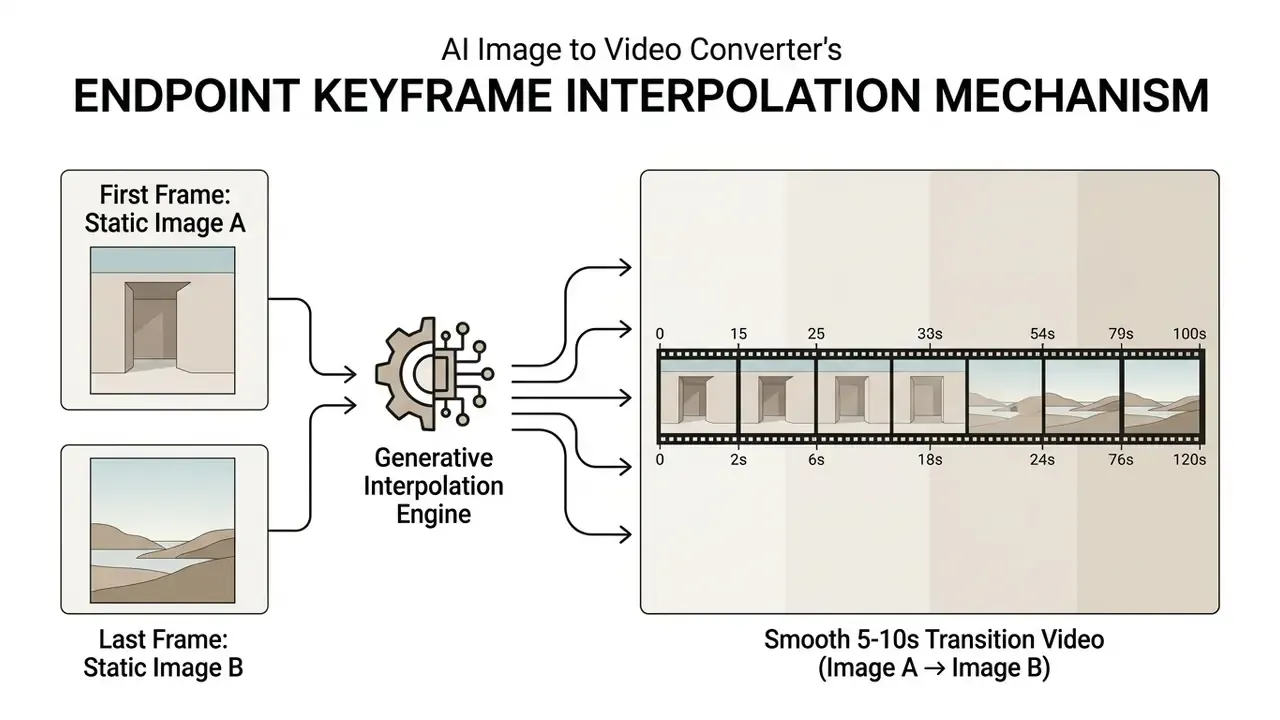System flow showing two static input images processed by an engine to create a smooth transition video