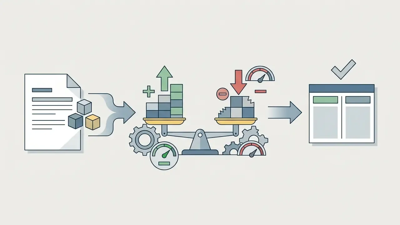 Document data blocks moving through a scale to balance pros and cons before final document approval