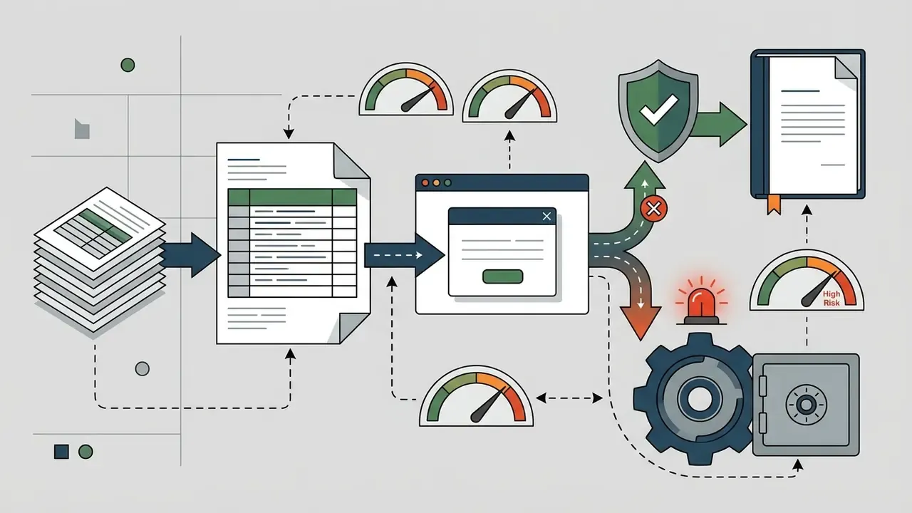 Spreadsheet data flowing into a browser interface with branching paths for secure output or high risk alerts