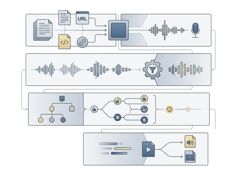 Sequential diagram showing data ingestion, audio processing, decision branching, and final media export