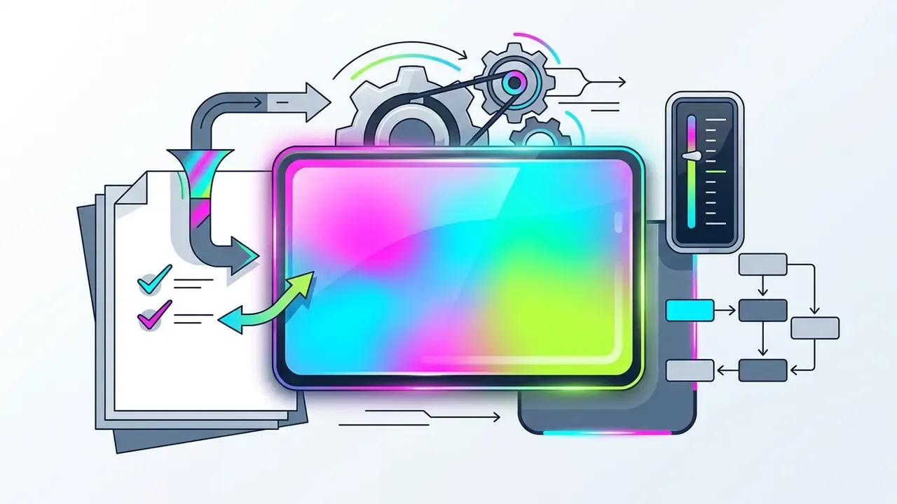 Digital tablet screen with neon gradients surrounded by mechanical gears, control sliders, and process flows