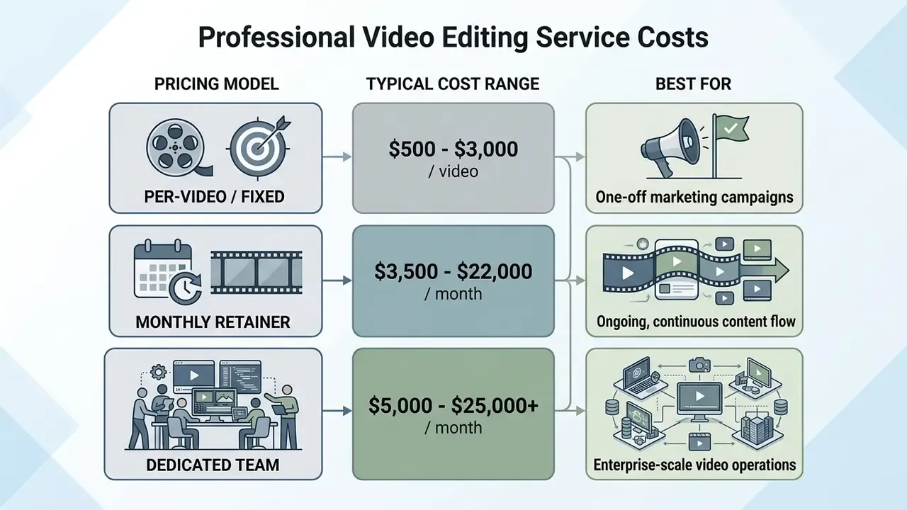 Matrix chart comparing pricing models, typical cost ranges, and use cases for post-production services