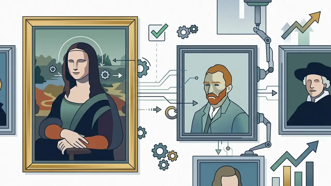 Digital portraits being processed and connected by circuit lines and mechanical arms