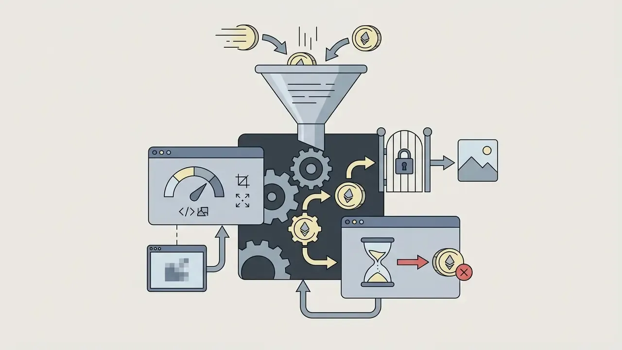Coins dropping into a funnel leading to gears that power a gated image export and expiring credit system