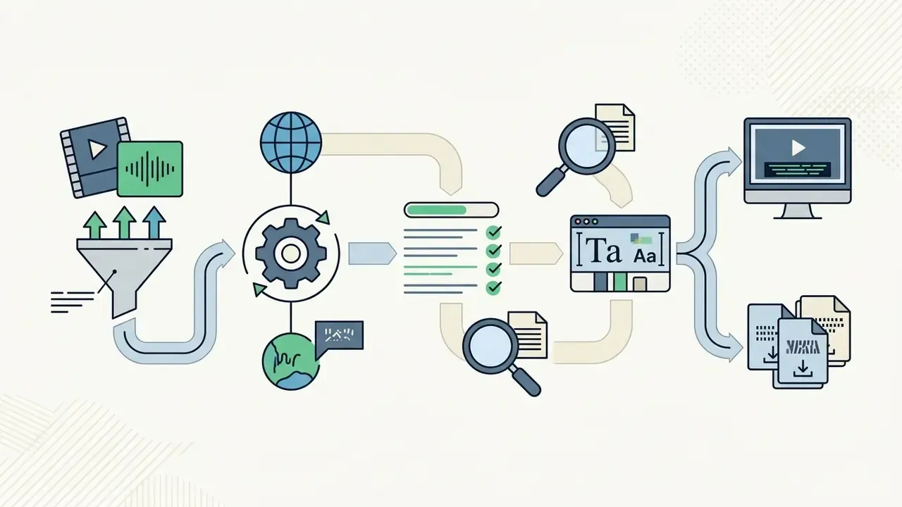 Sequential steps for processing media files through automated transcription, review, and final export