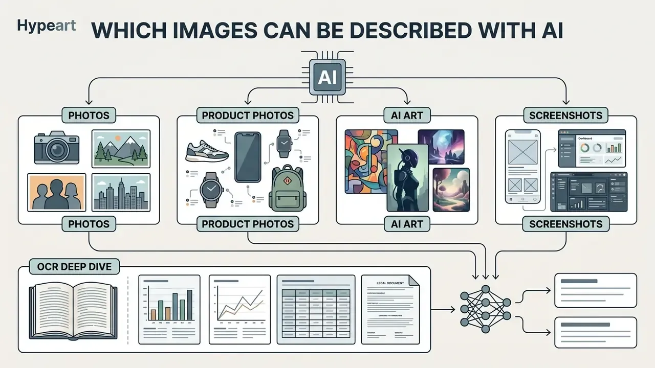 Diagram categorizing visual content types like photos, product shots, art, and documents for AI processing