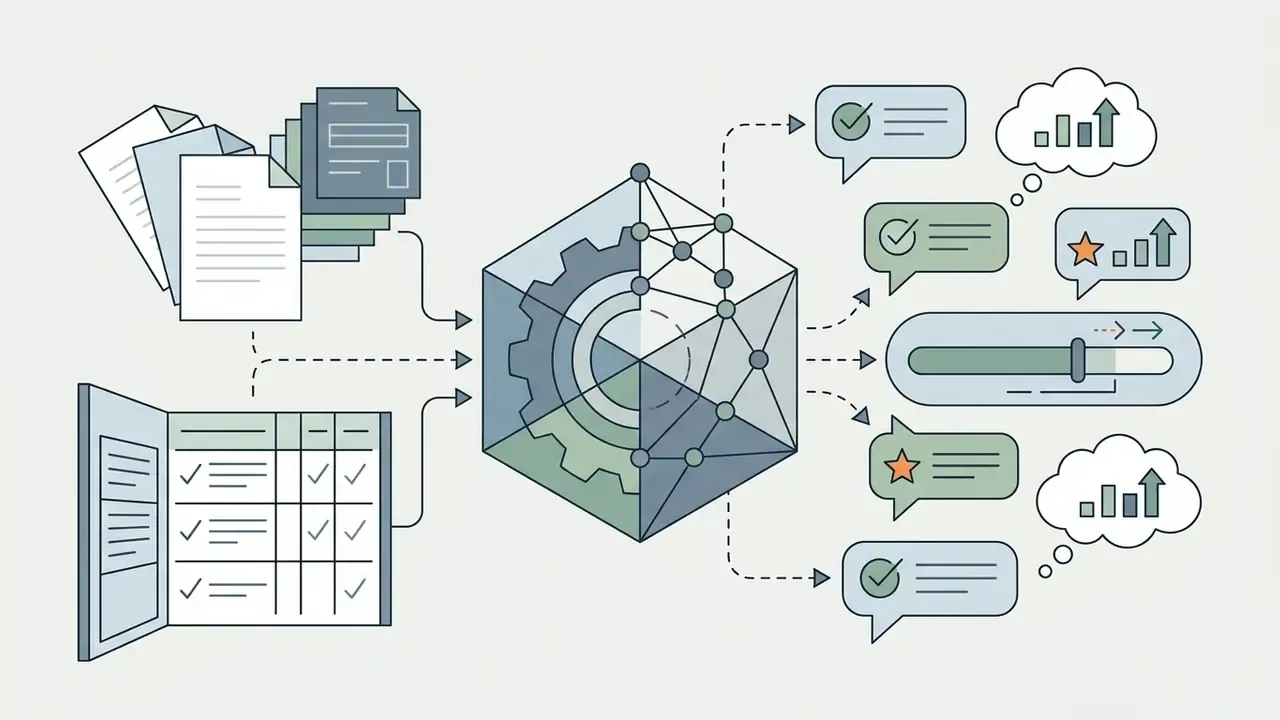 Documents and rubrics feeding into a central AI engine that generates feedback and performance metrics