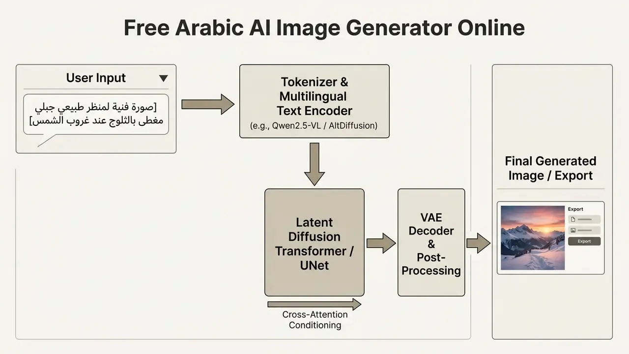 Flowchart detailing the technical stages of a free Arabic AI image generator from text input to export