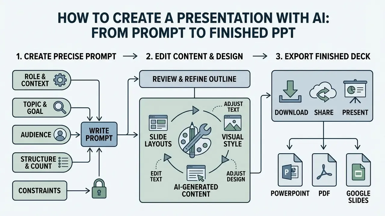 Workflow diagram showing steps to create a presentation with AI from initial prompts to final file export
