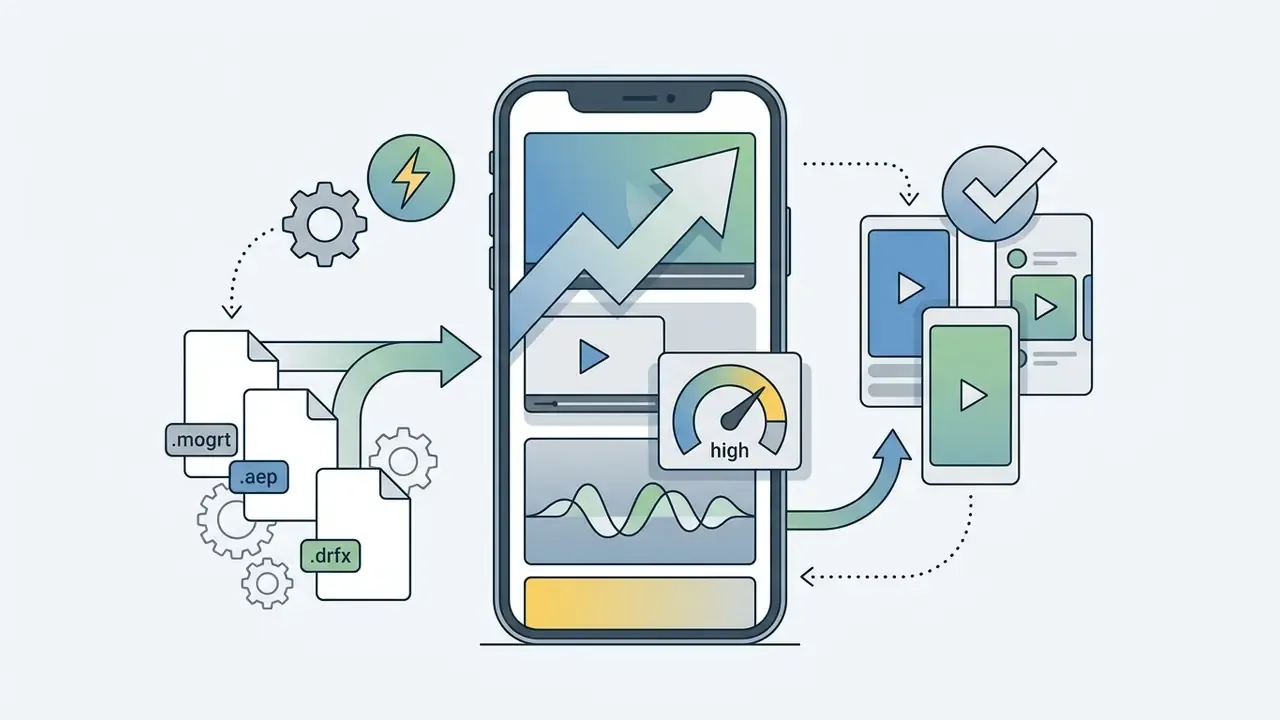 Smartphone displaying video content with file formats feeding into a workflow for social media output