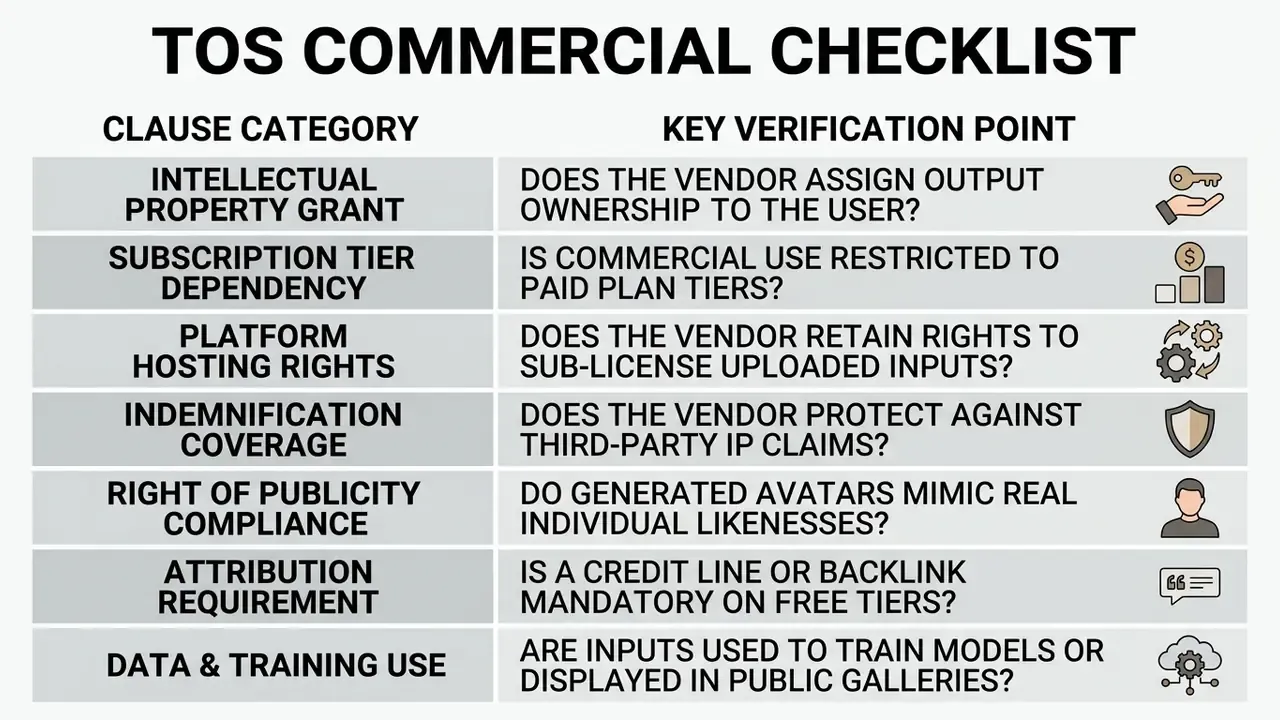 Table listing seven legal verification points for commercial software terms of service