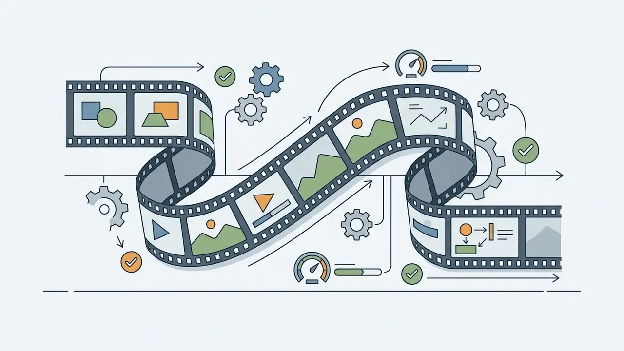 Winding film strip containing various images and charts surrounded by gears, checkmarks, and progress gauges