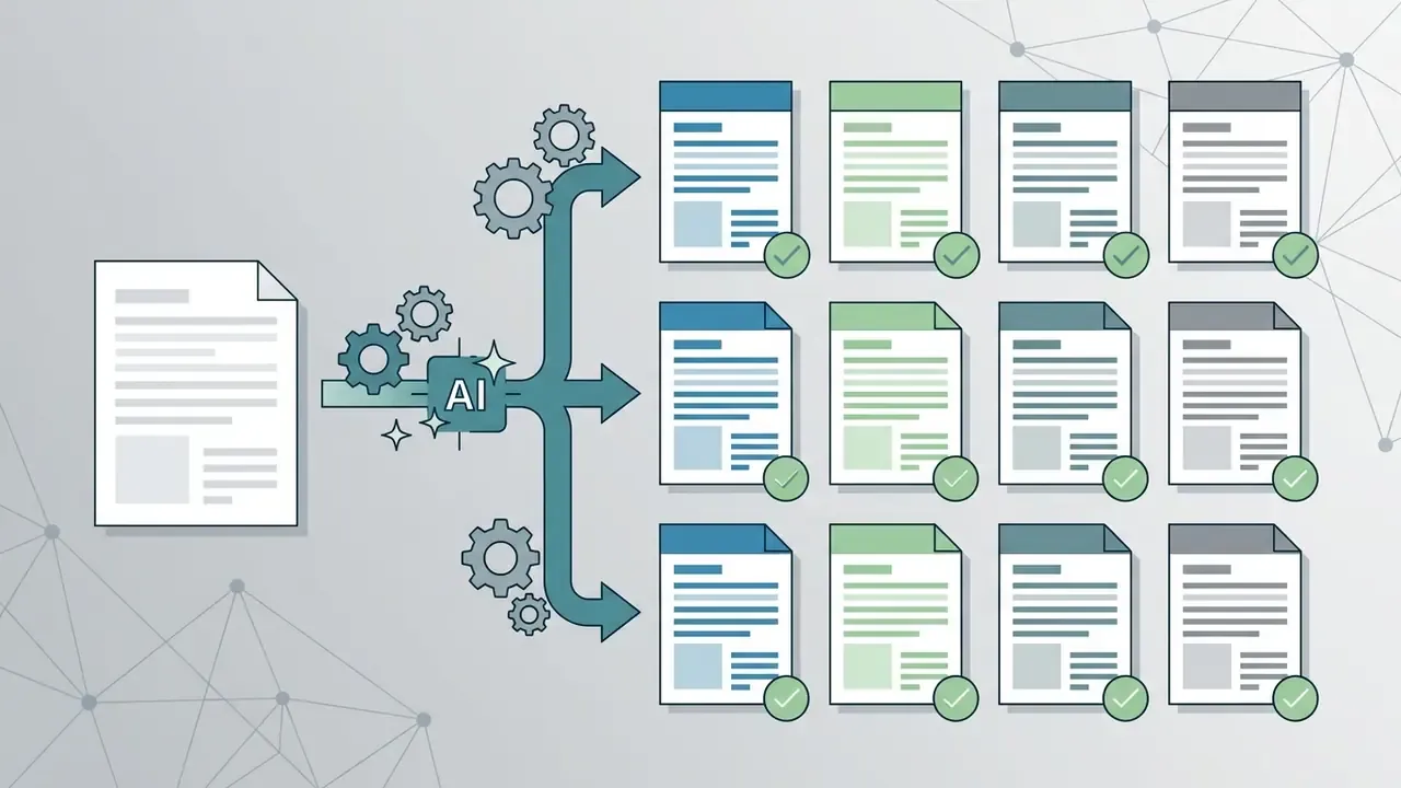 AI processing a single document into multiple localized versions with verified checkmarks