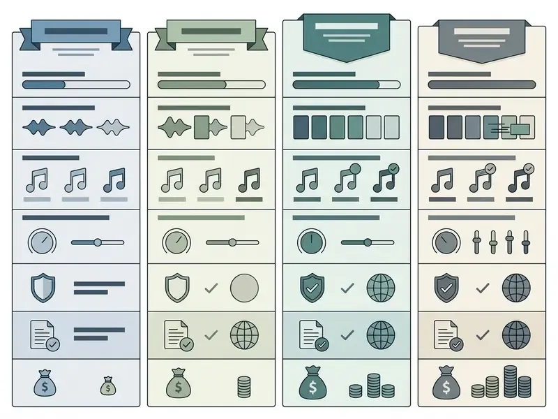 Four vertical columns displaying feature sets and pricing tiers for an AI song generator
