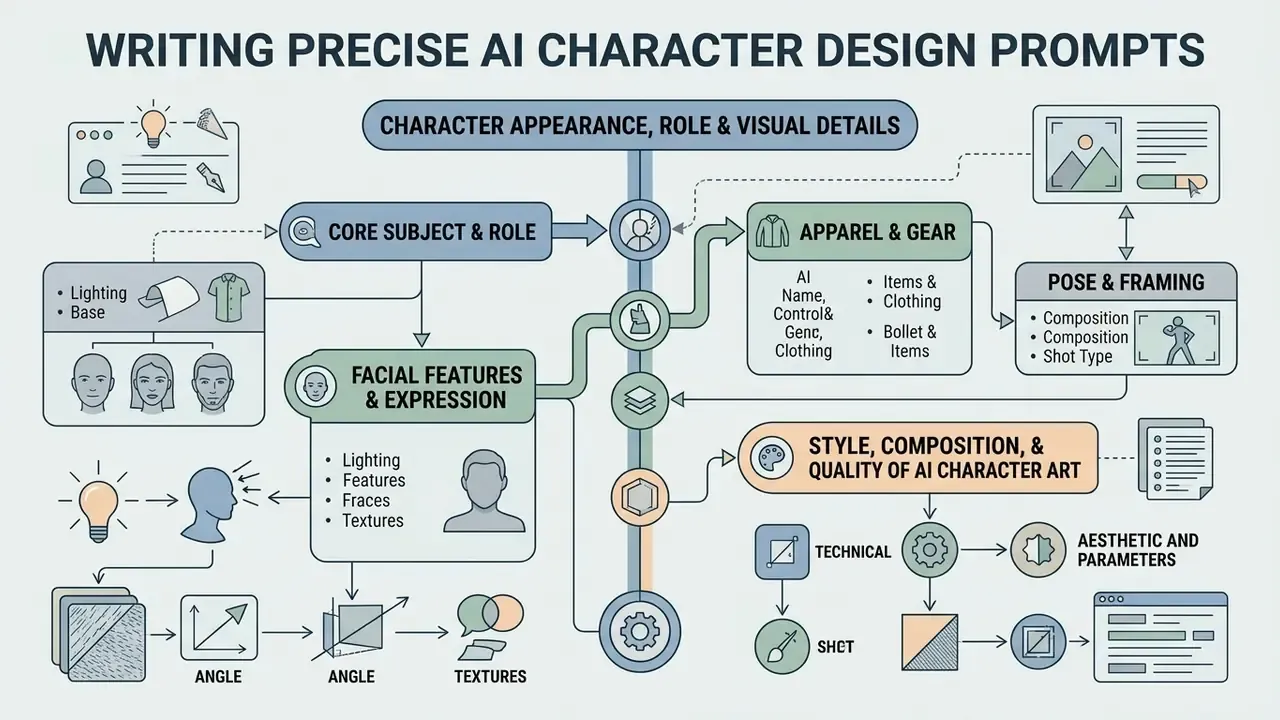 Structured infographic outlining key components for building descriptive visual prompts