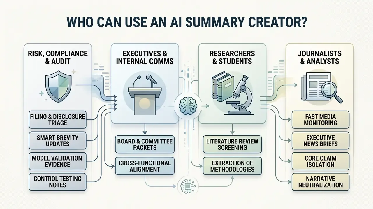 Four professional user groups connected to a central brain icon with specific tasks listed below each