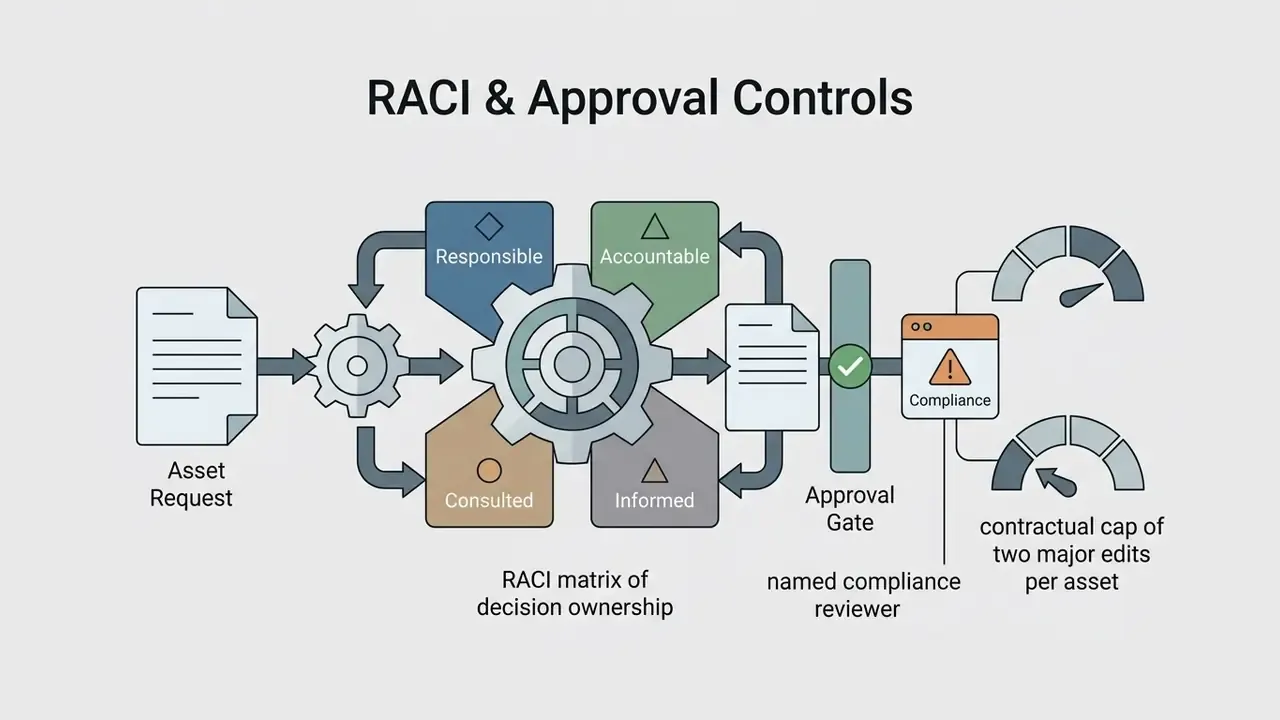 Asset requests flowing through a RACI matrix gear system to an approval gate and compliance gauges