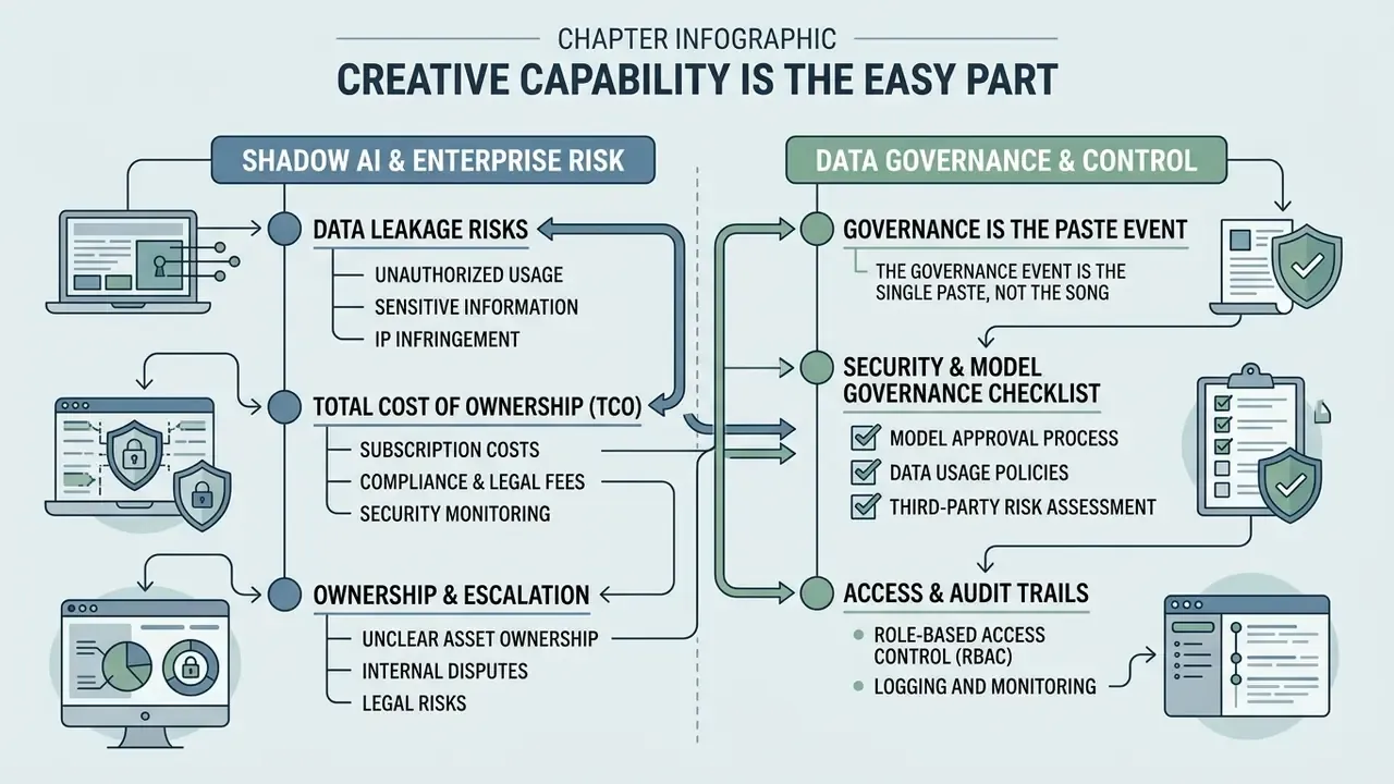 Diagram contrasting shadow AI risks with data governance controls through linked checklists and icons