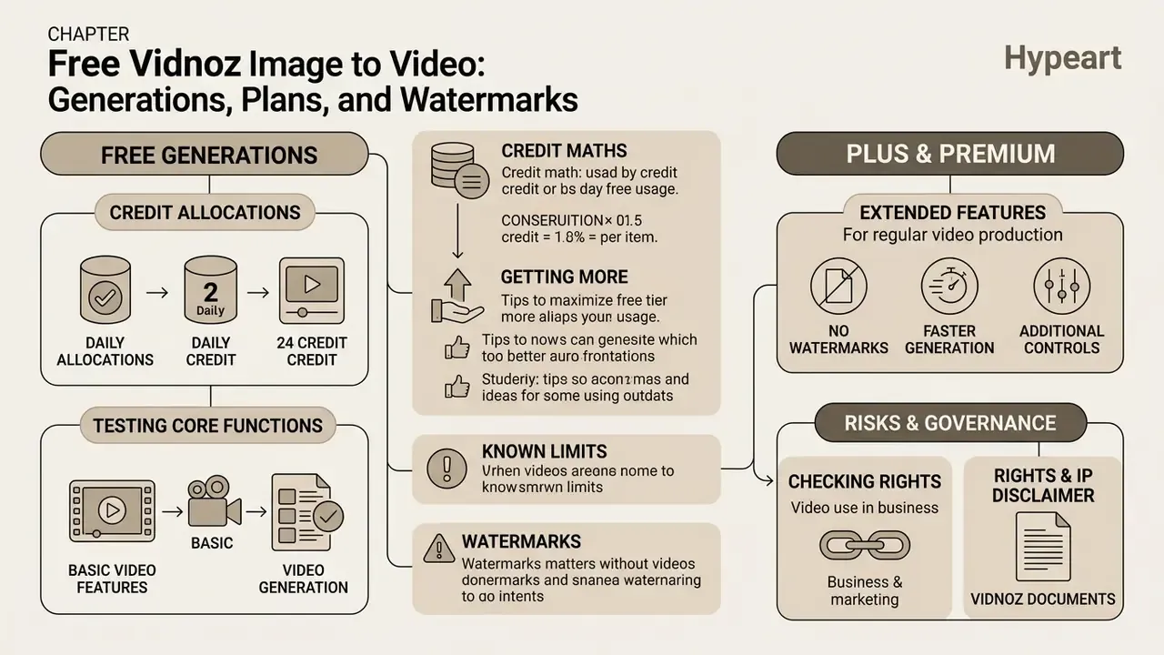 Diagram comparing free and paid Vidnoz Image to Video plans including credit systems and usage rights