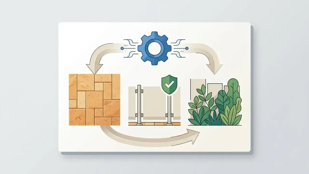 Gear icon connecting travertine patterns, safety barriers, and screen planting in a circular workflow