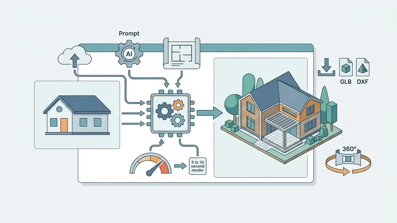 Data processing workflow converting house photos and prompts into 3D architectural models and renders