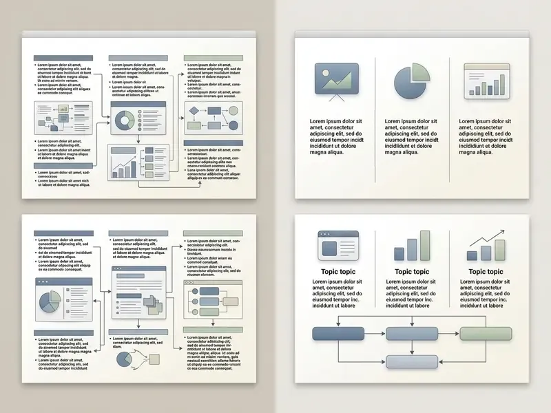 Side-by-side comparison of a cluttered, text-heavy slide and a clean, organized three-column layout