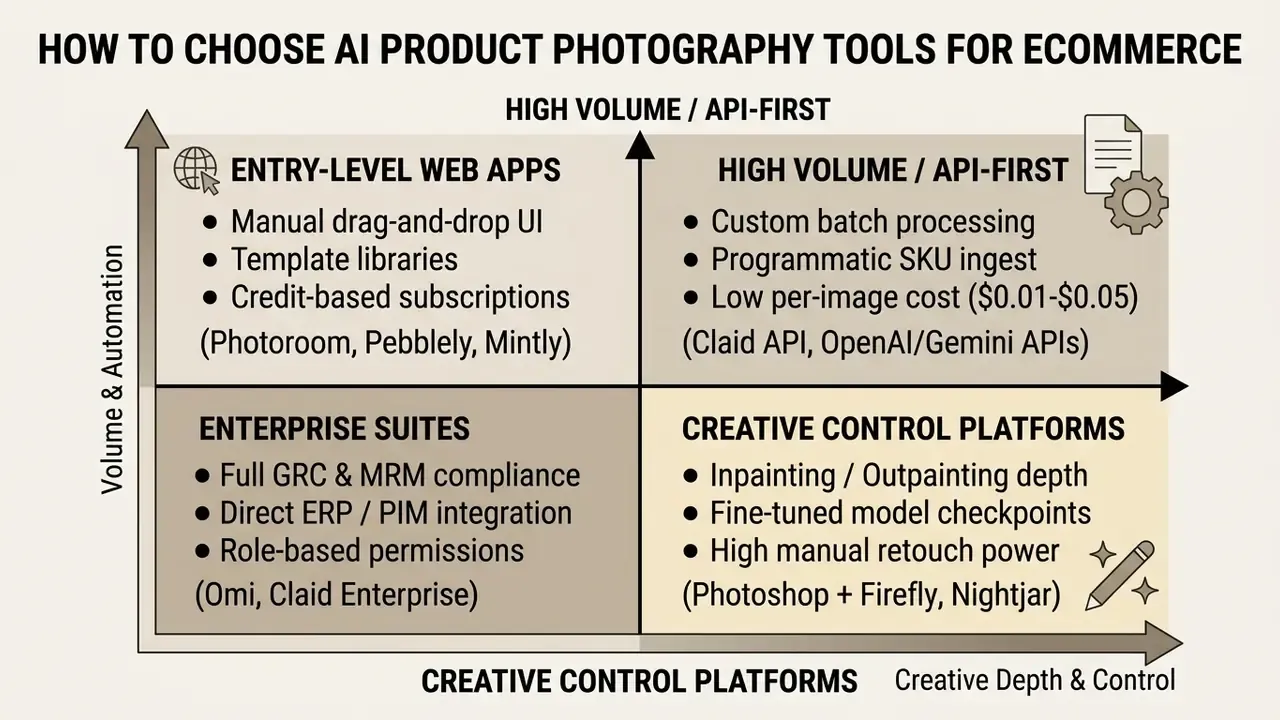Quadrant chart comparing AI product photography tools based on volume, automation, and creative control