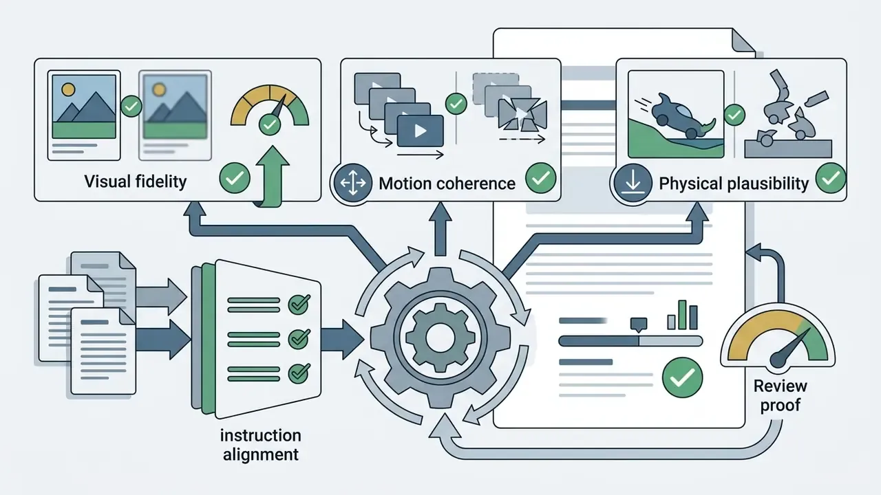 Central gear mechanism connecting generative quality metrics like visual fidelity to review proof reports