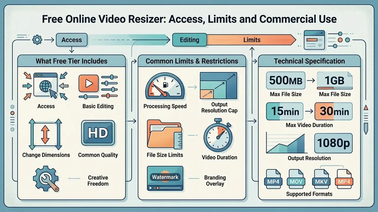 Infographic detailing features, common restrictions, and technical specifications of free video resizer tools