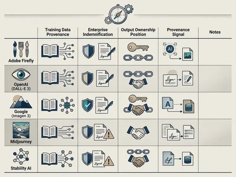 Matrix comparing legal and provenance features across major AI image generation platforms