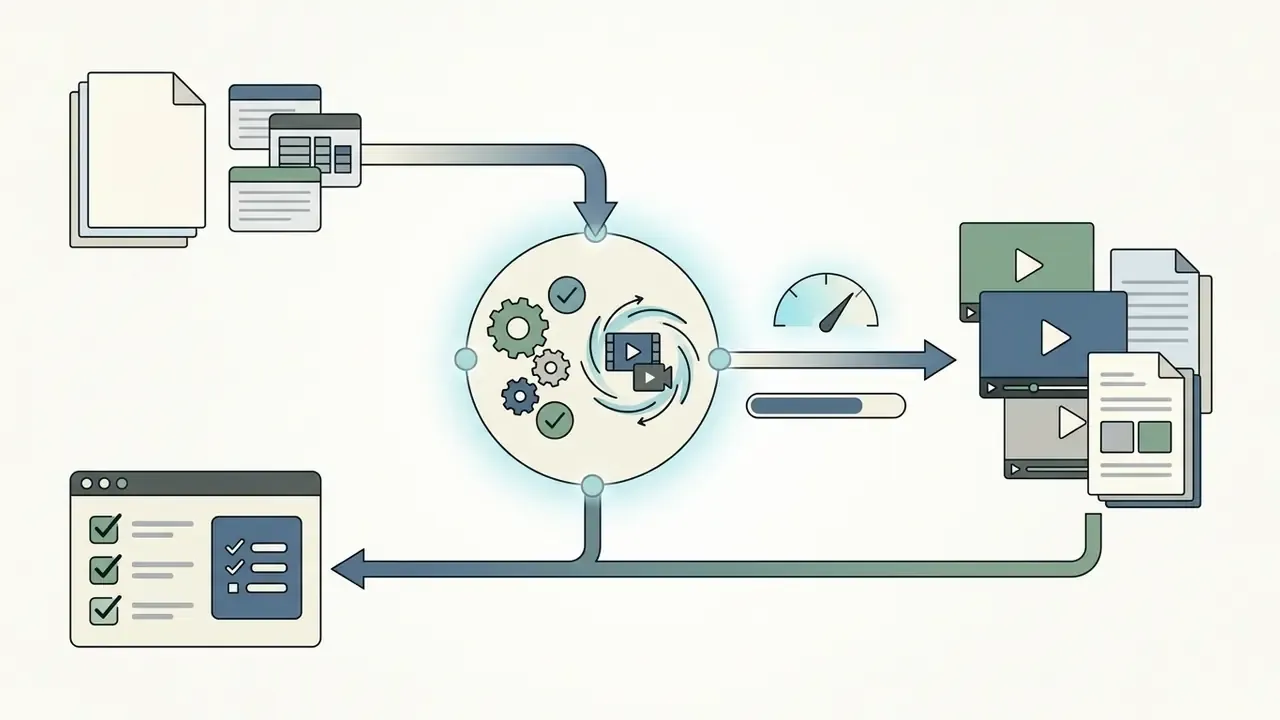 Documents feeding into a central gear hub that processes video outputs and updates a checklist status