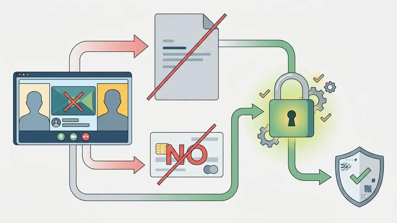 Visual representation showing that sharing documents and payment cards during a video chat is prohibited