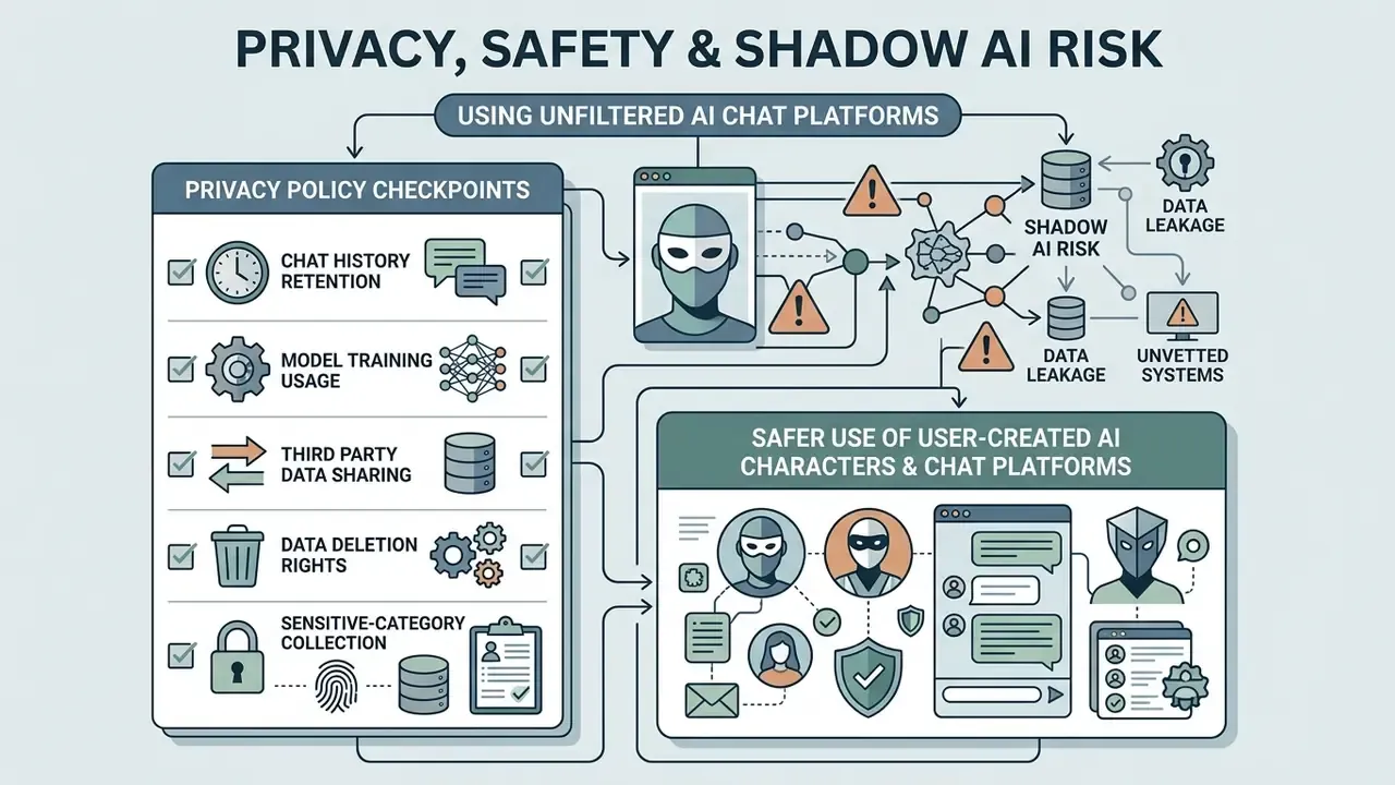 Diagram detailing privacy policy checkpoints and safety considerations for unfiltered AI chat platforms