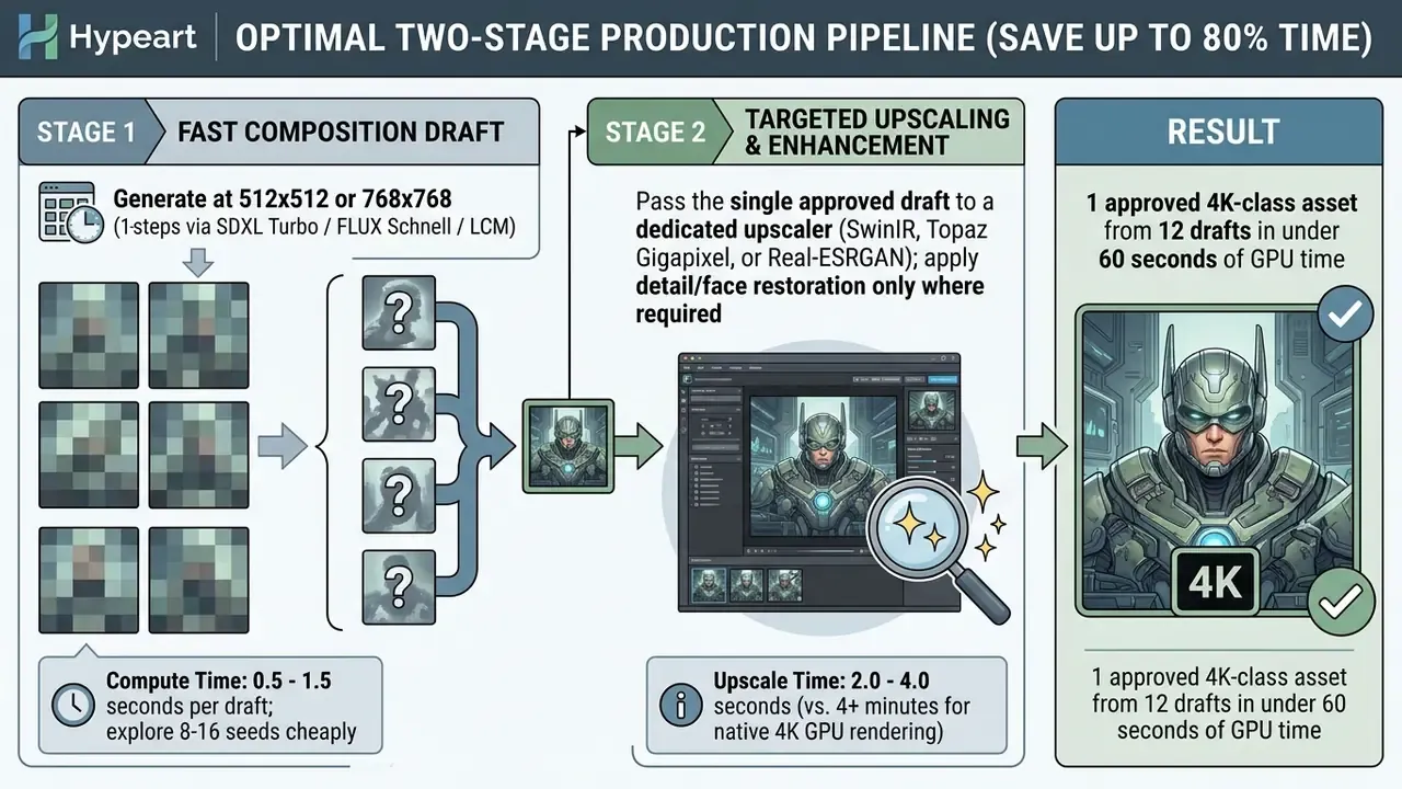 Two-stage production pipeline diagram showing fast draft generation followed by targeted AI upscaling