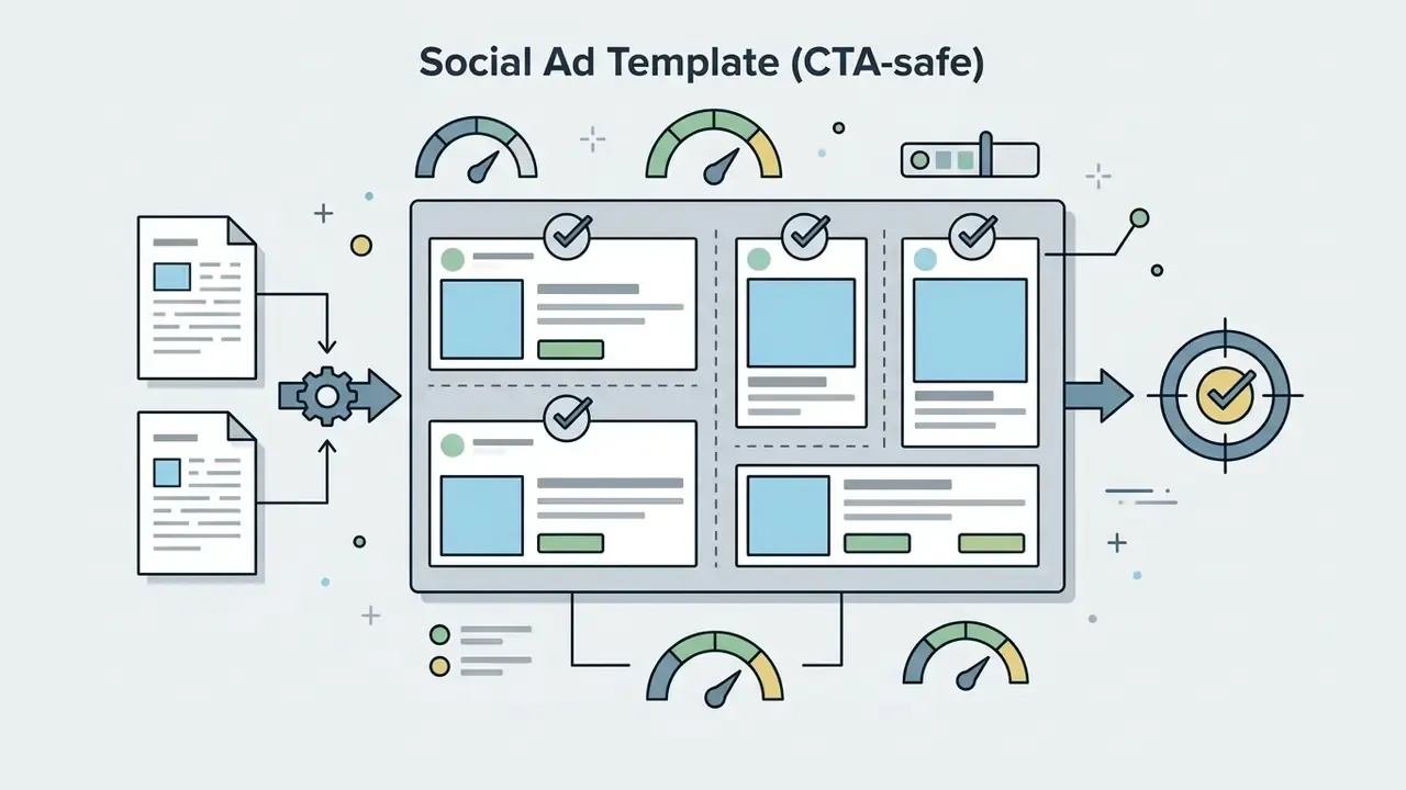 Documents feeding into a grid of ad layouts with gauges and a target icon indicating optimized content