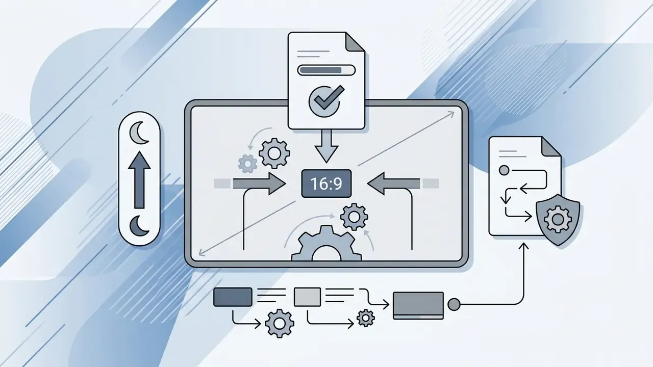 Central screen showing 16:9 aspect ratio with surrounding gear icons and document processing symbols