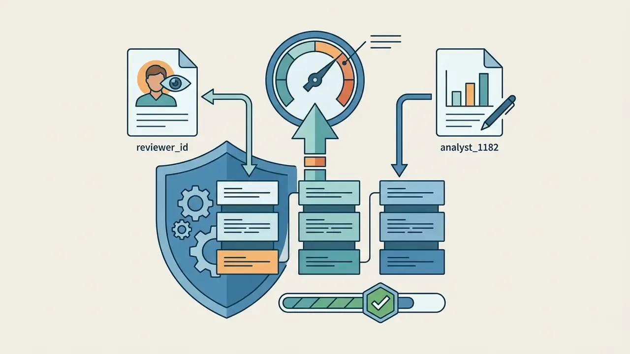 Shield icon and data blocks connecting a reviewer profile to an analyst report via a performance gauge