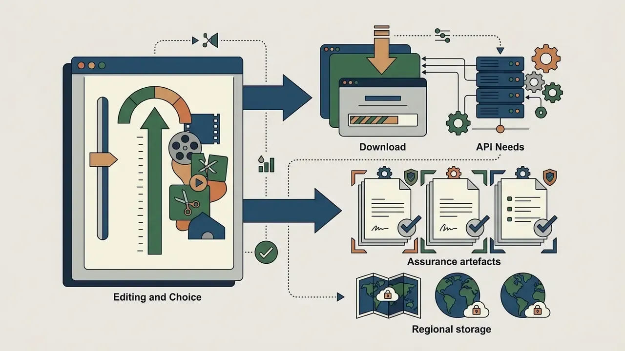 Editing interface flowing into download tools, API infrastructure, compliance documents, and storage