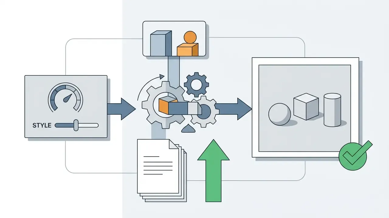 Style gauge and document inputs feeding into a central gear mechanism to output a geometric image