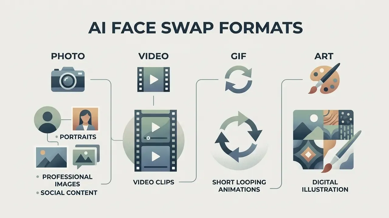 Diagram showing supported media types including portraits, video clips, looping animations and digital art