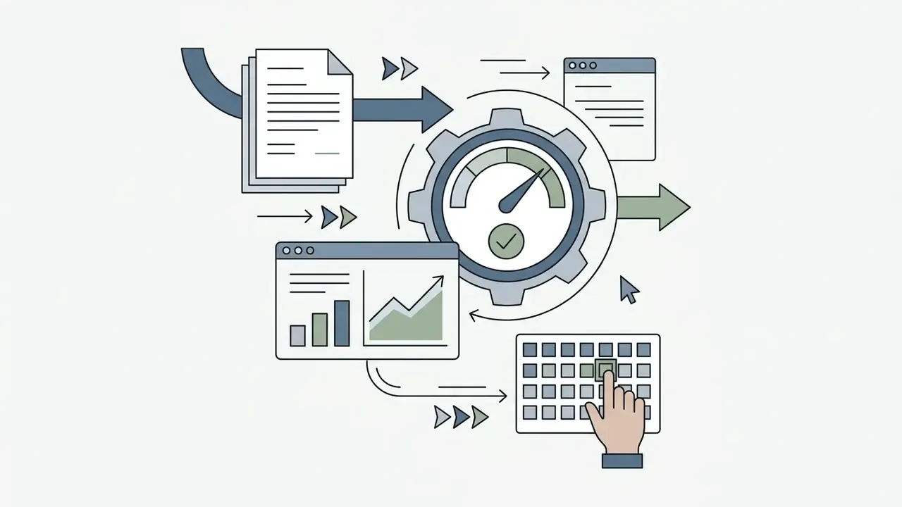 Documents and data charts flowing through a central gear and gauge system controlled by a hand on a keypad