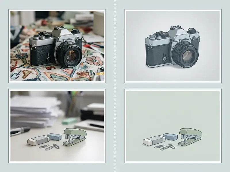 Comparison of original photos with cluttered backgrounds and processed versions with clean backgrounds